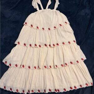 Hanna Andersson Cream Tiered Dress with Red Strawberry Trim